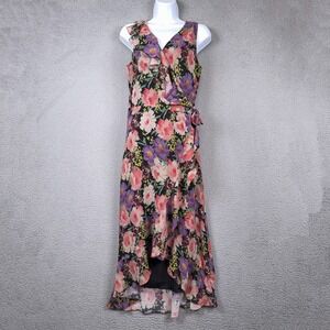 Sara Campbell Dress Women 4 Black Floral Wrap Dress Hi Low Ruffle Hem Fairy $348